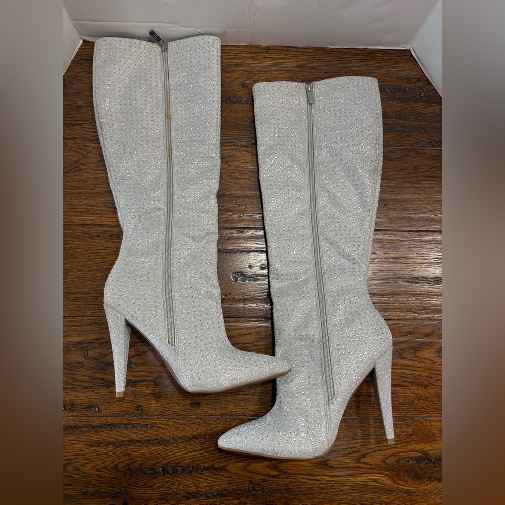 Anne Michelle heeled kneehigh boots, worn inside once, silver rhinestone, 9 FLAW
